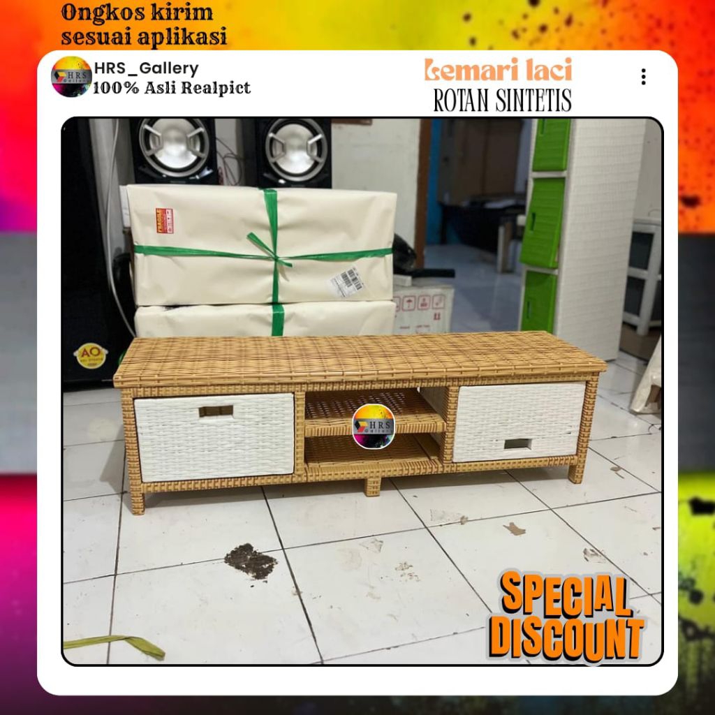 (Ready stok)meja tv rotan sintetis lemari laci rotan sintetis 3 dvd