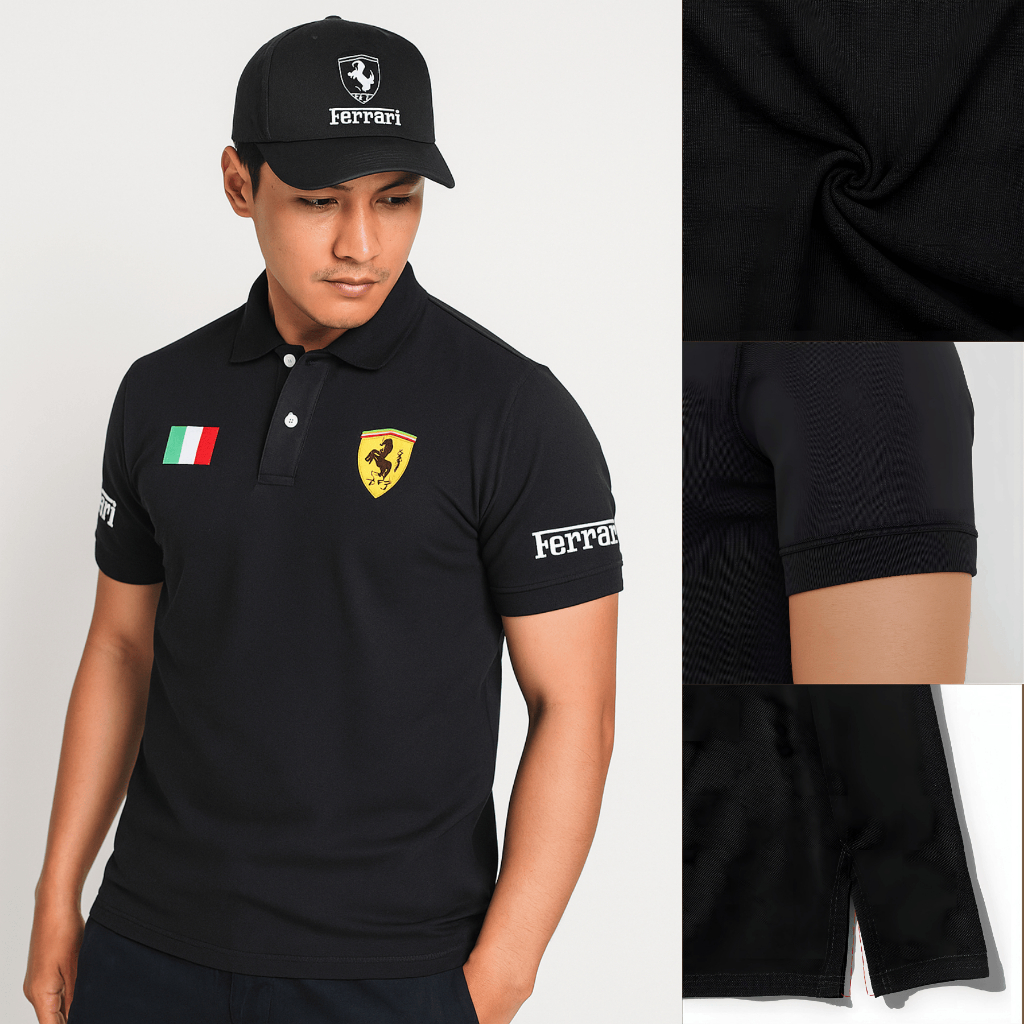 Polo Shirt F3rar1 Hitam/Putih Pria | Kaos Polo Premium Desain Sporty Elegan + Bonus Topi Eksklusif