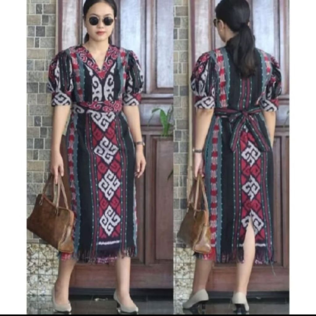 DRESS TENUN BAJU TENUN WANITA BAJU DRESS TENUN RUMBAI BAWA MODEREN