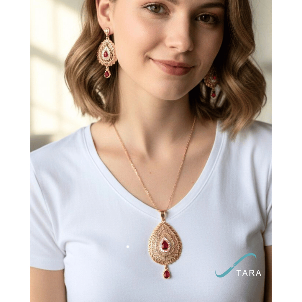 Kalung Set Kebaya Batik Daun Elegan Wanita Titanium Anti Karat Lapis Emas Aksesories Perhiasan Korea