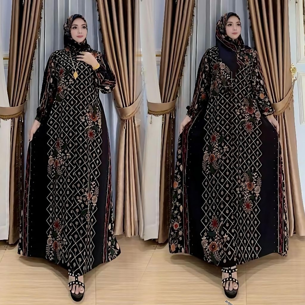 Nabila Gamis Wanita Dress Setelan Hijab Bahan Katun Rayon Twill Super Tebal Adem Motif Panjang Remaj