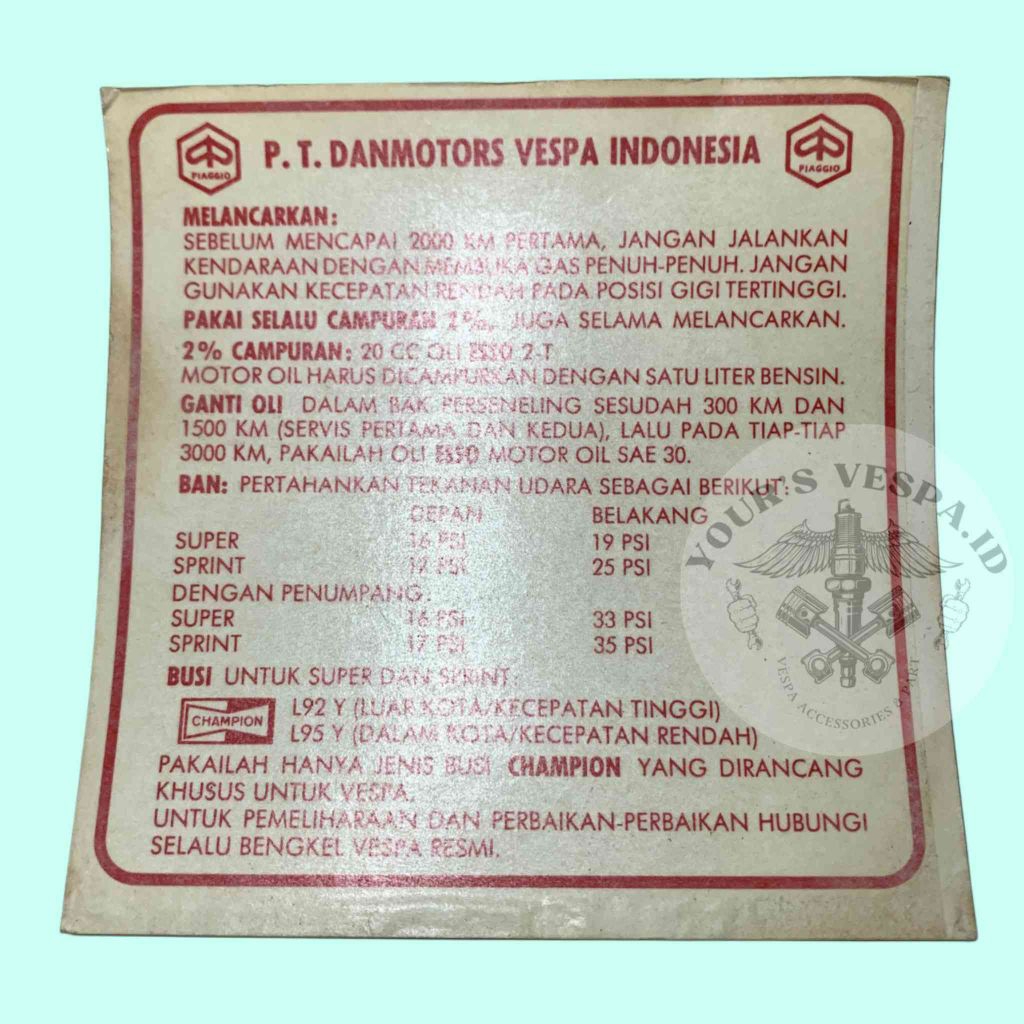 STIKER AIR RUNNING IN PT DANMOTORS VESPA INDONESIA ORIGINAL VESPA SUPER SPRINT PTS SPECIAL
