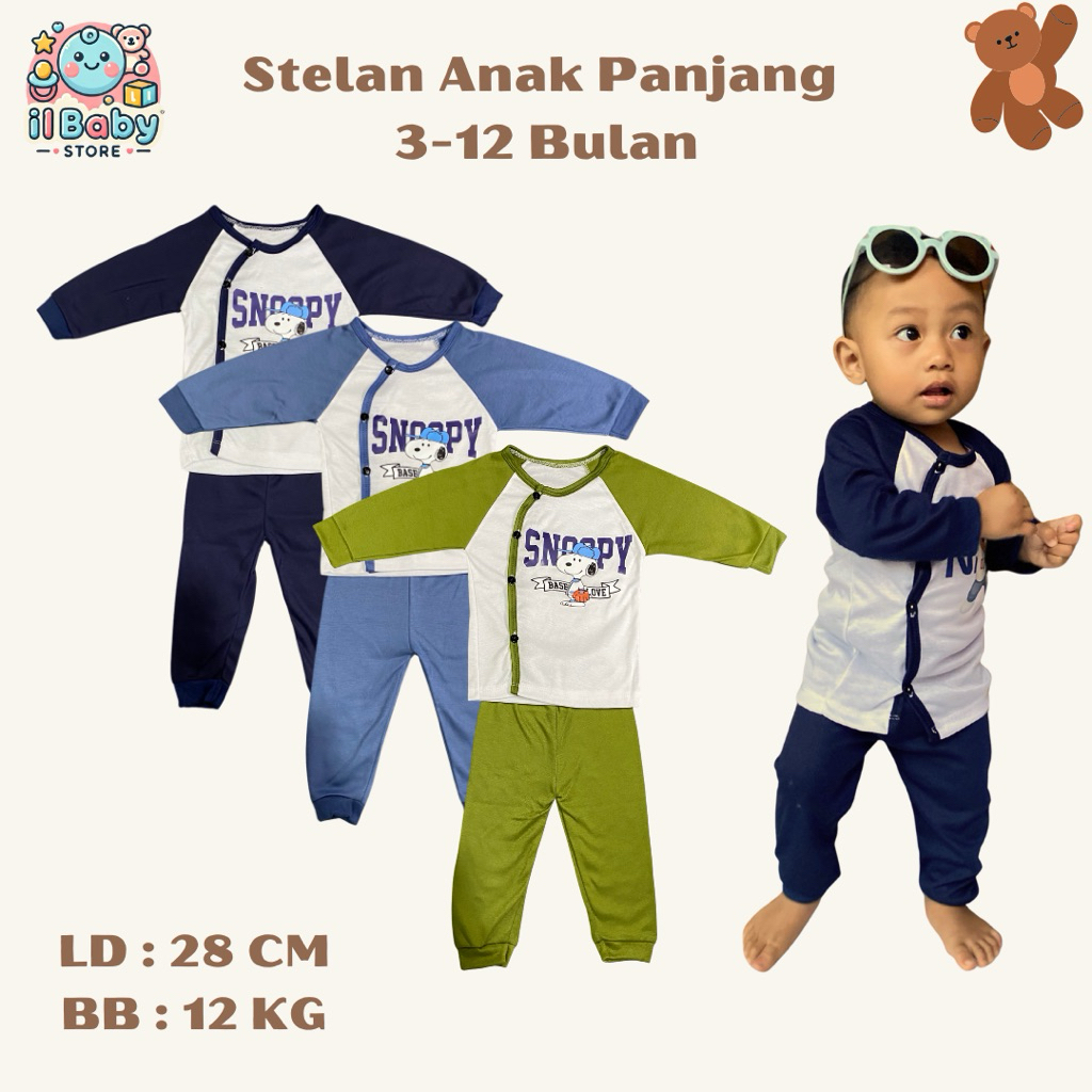 3 Set Setelan Baju Anak Motif SNOOPY 3–12 Bulan Lengan Panjang + Celana ~ Il Baby Store