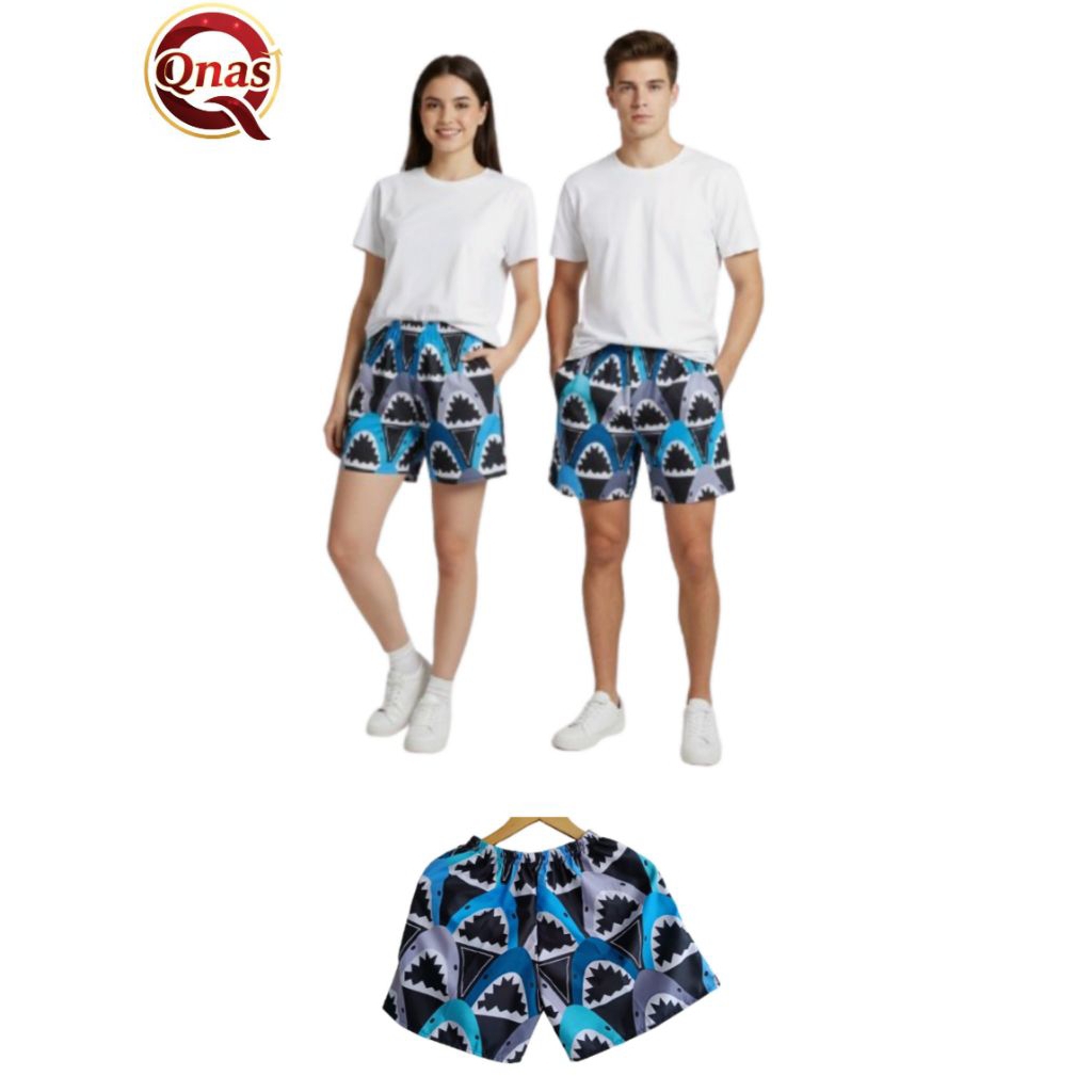Celana Boxer Pria Wanita Pendek Motif Gigi Hiu By Qnas - Bahan Katun Premium Adem Ukuran Allsize