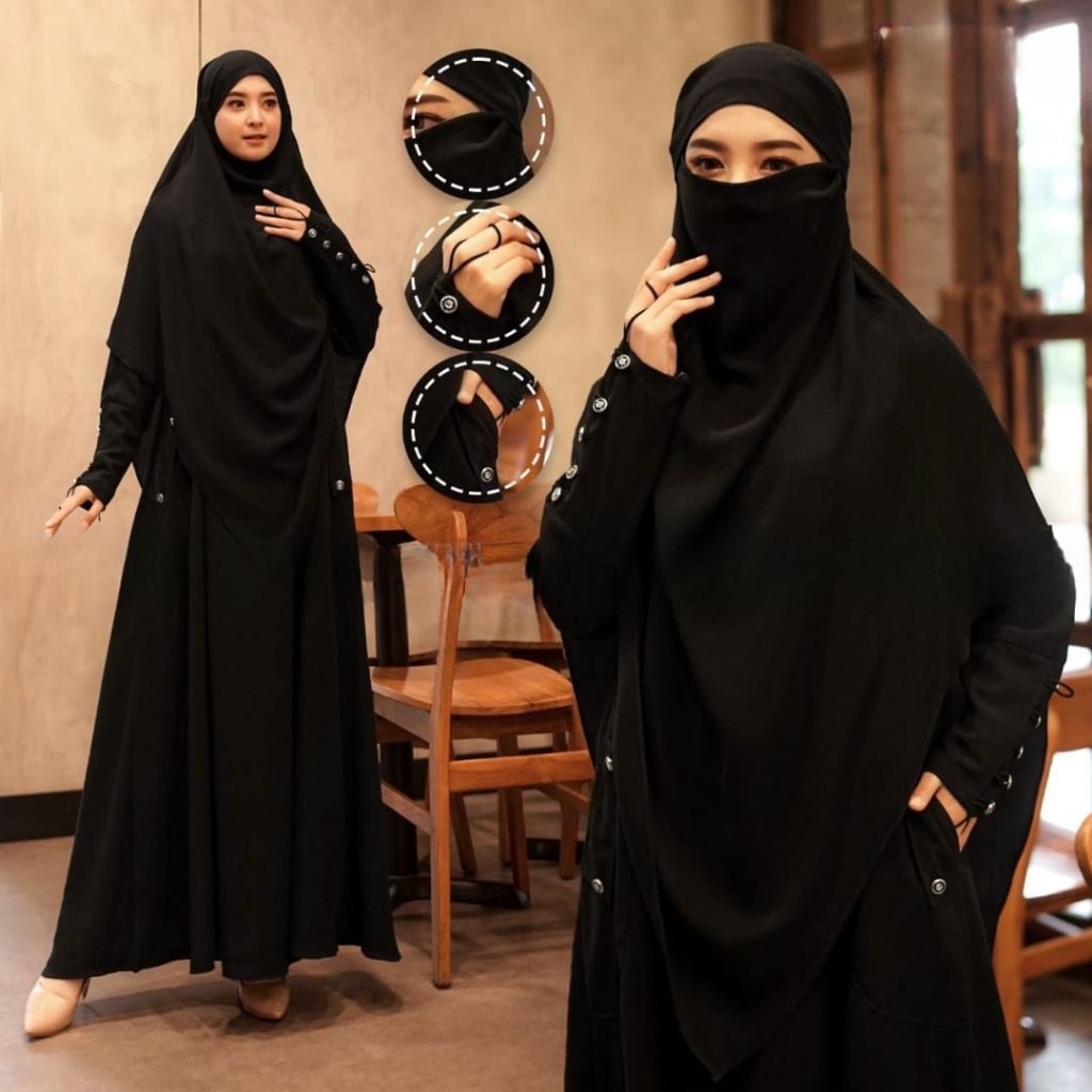 French Khimar Jet black set | FK Jetblack Gamis | Khimar jet black | kerudung instan French Khimar r