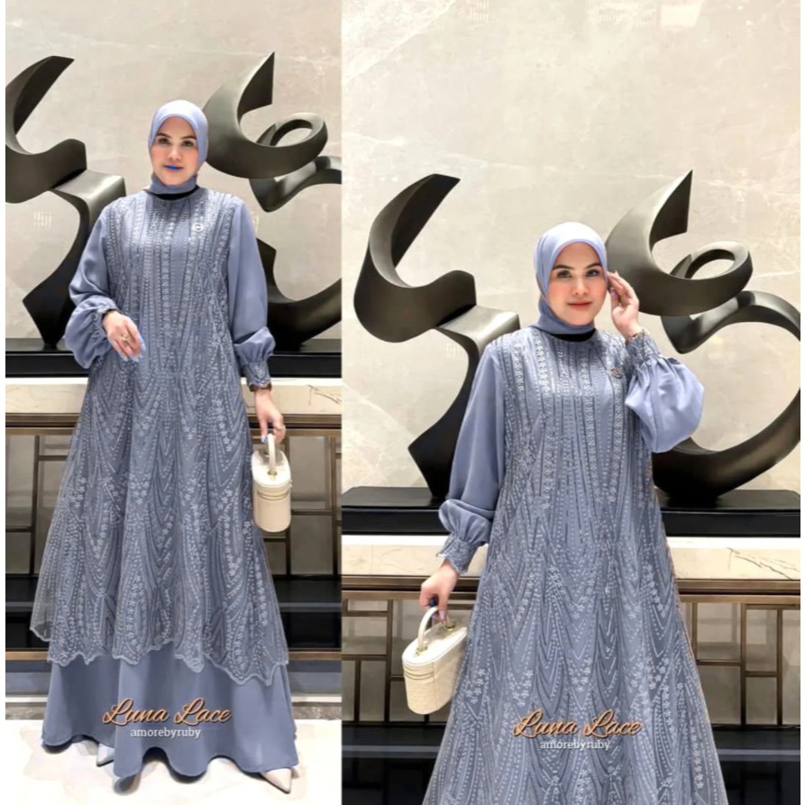 Luna Lace Dress Baju Gamis Jumbo Lebaran 2025 Bahan Ceruty Babydoll Mix Brokat Resleting Depan Gamis