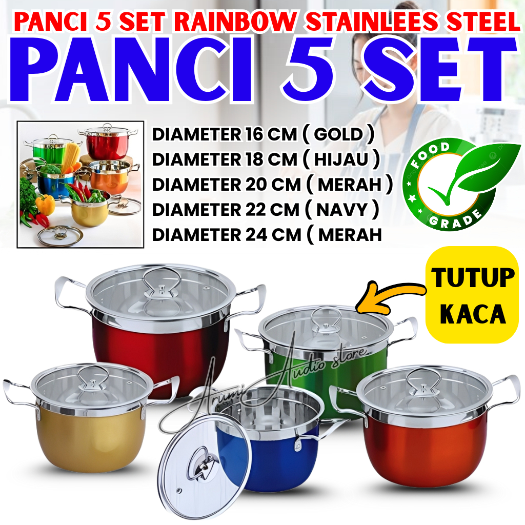 Panci Stainles Steel Berwarna | Panci Steamer Set 5 Susun Tutup Kaca - Panci Set Stainless Tebal Isi