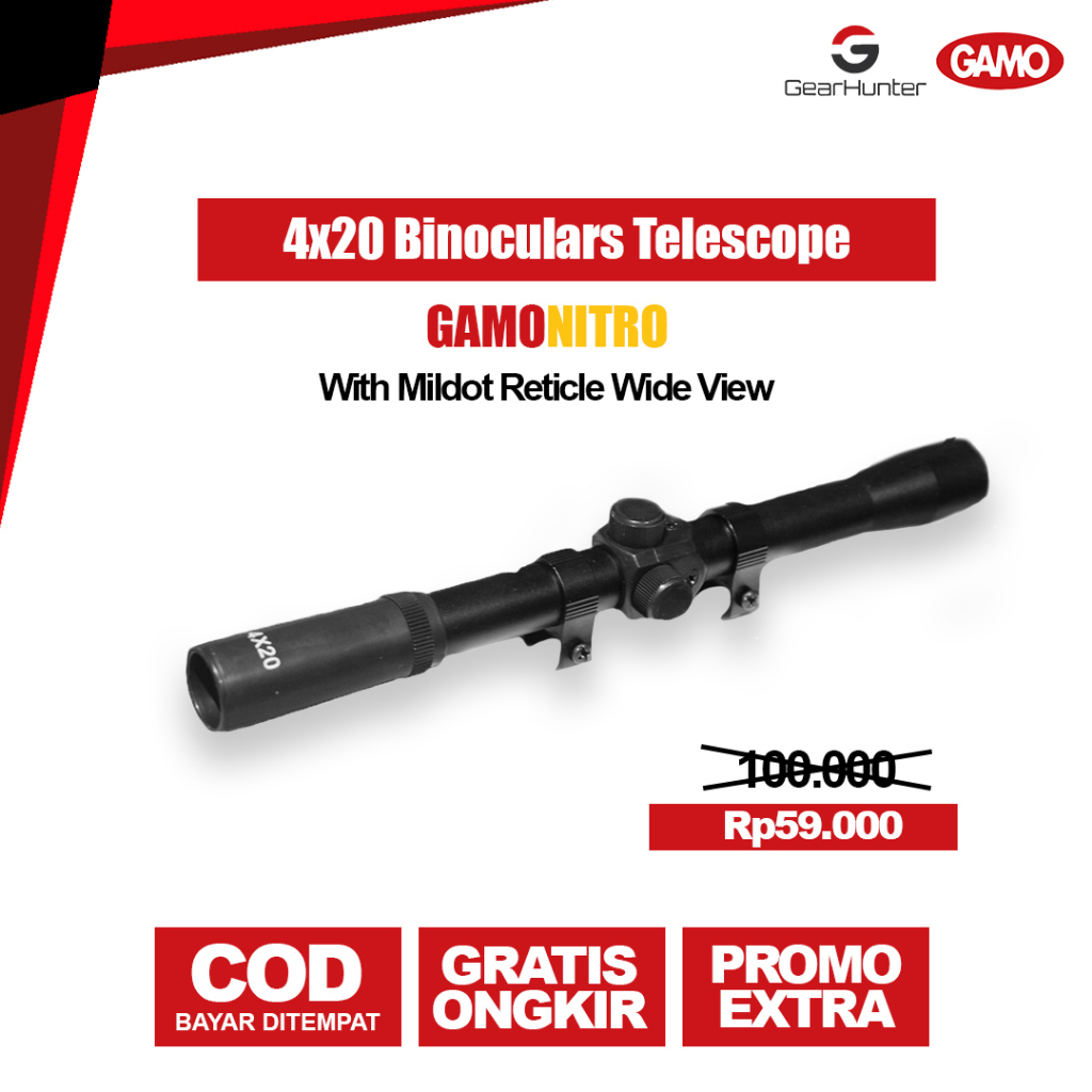 Teleskop Gamo 4x20 | Retikel Duplek | Optik Jernih & Ringkas Untuk Outdoor