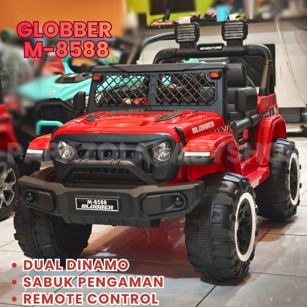 MOBIL AKI ANAK GLOBBER BISA REMOTE DAN MANUAL BISA BLUETOOTH DAN MUSIK // M-8588 DUAL DINAMO 12V