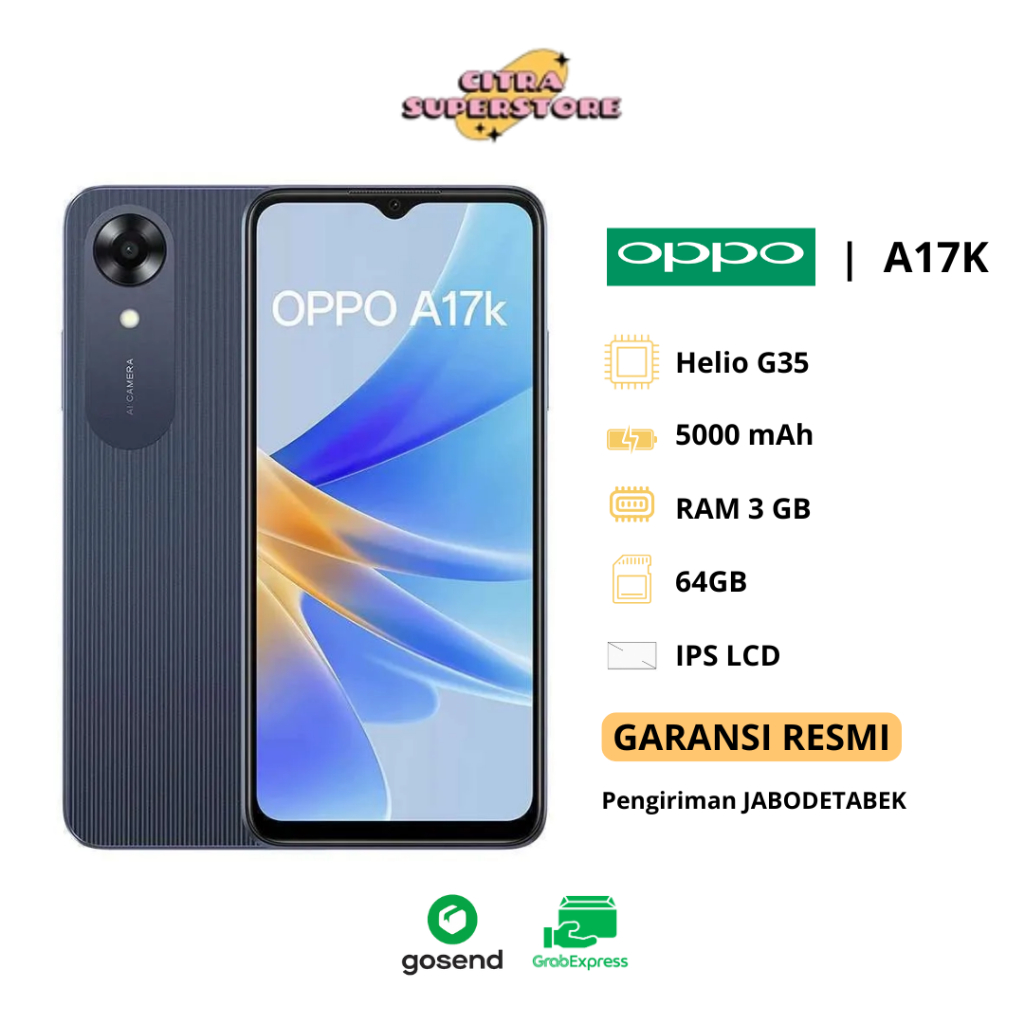 Oppo a17k ram 3/64gb Ukuran  layar 6,56 inci