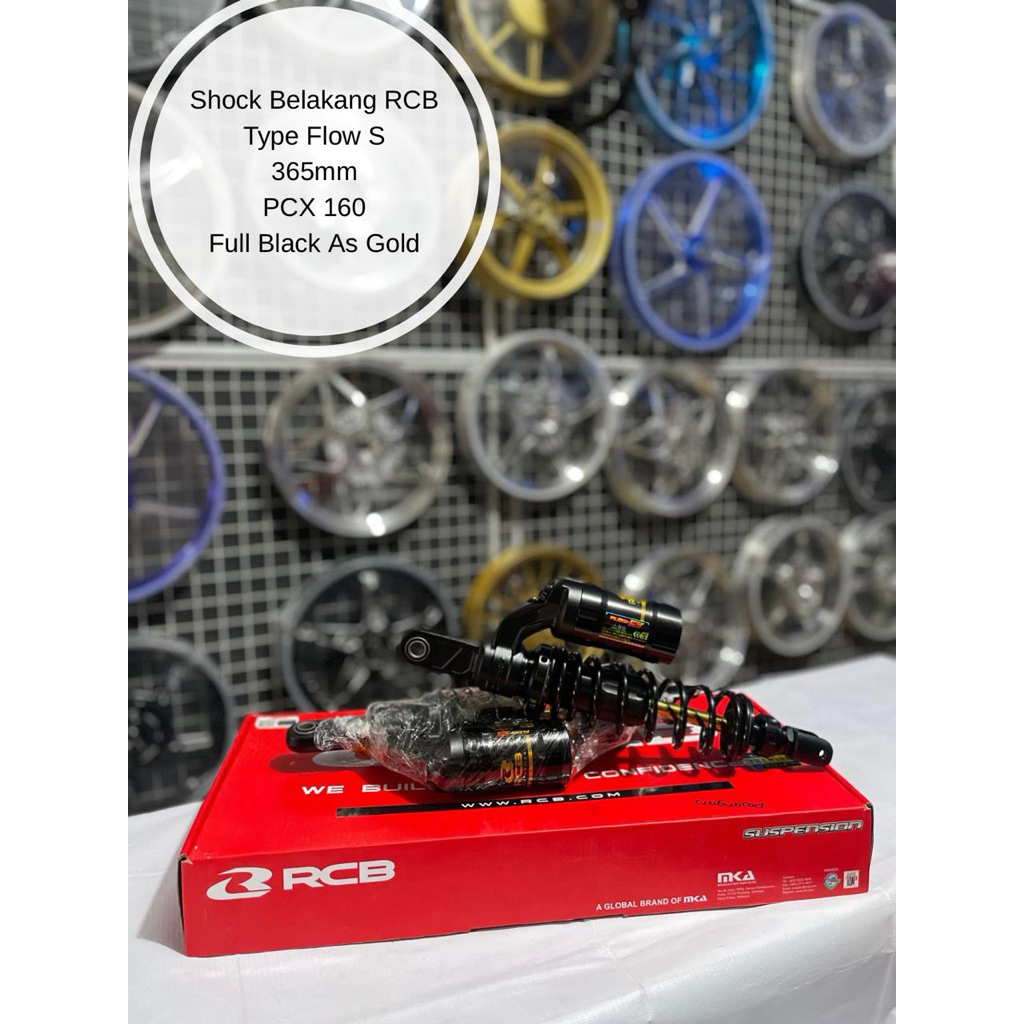 Shock Belakang RCB Type Flow S 365mm PCX 160 Full Black As Gold -satriamodifikasipekanbaru-