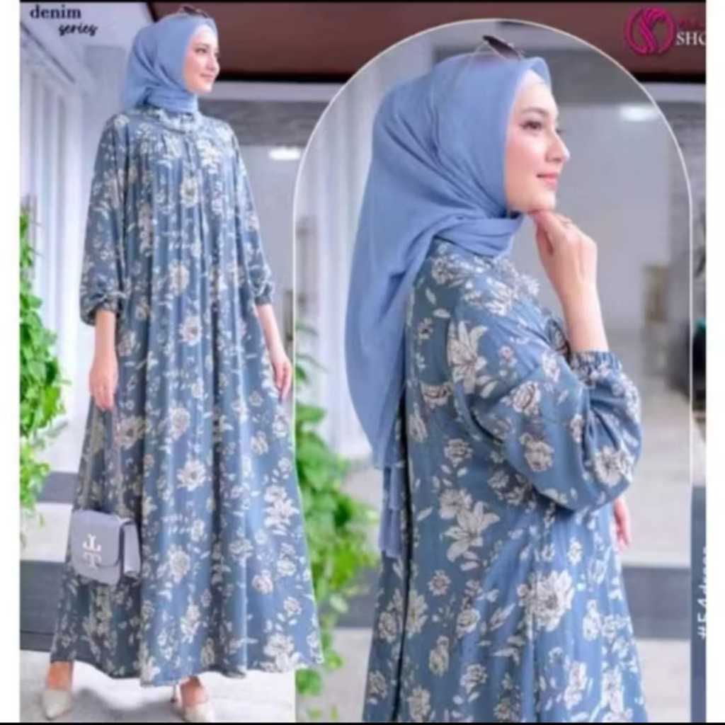 Midi Dress Flower Busui Motif Bunga LD 110cm PB 125cm Bahan Rayon Premium Terlaris Gaun Muslim Kekin