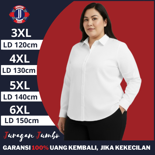 Kemeja Oversize Wanita Lengan Panjang Putih Jumbo LD 120 130 140 150 Anti Gerah