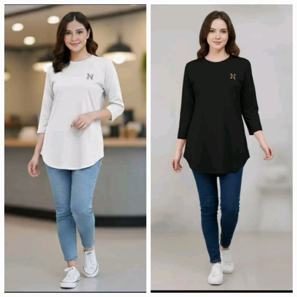 Kaos Atasan Wanita 7/8 NPD Bordir N Bawah Oval Bahan Katun