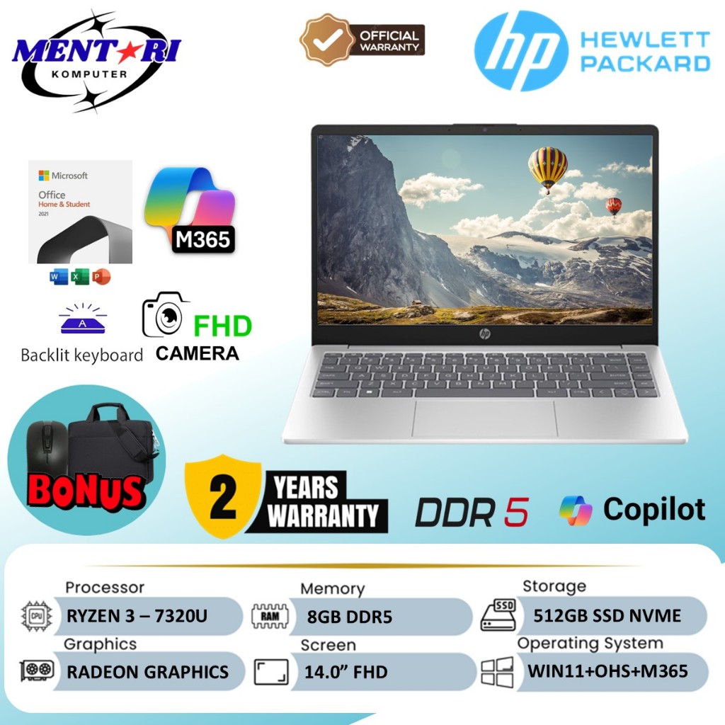 LAPTOP BARU HP 14S EM0014AU AMD RYZEN 3 7320 8GB 512SSD AMD RADEON WIN11+OHS 14"FHD 2YR