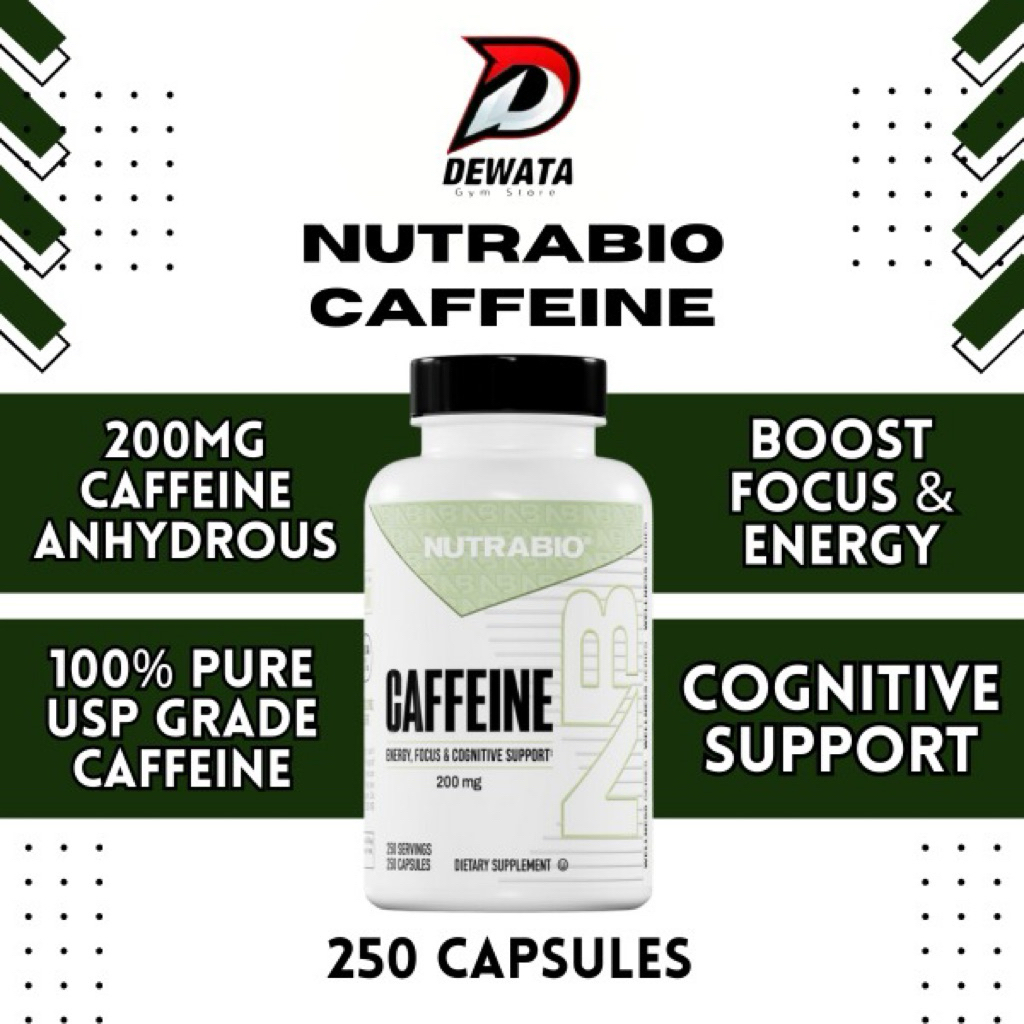 Nutrabio Caffeine 200mg 250 Capsules Penambah Energi, Fokus, Konsentrasi & Kafein Murni USP Grade