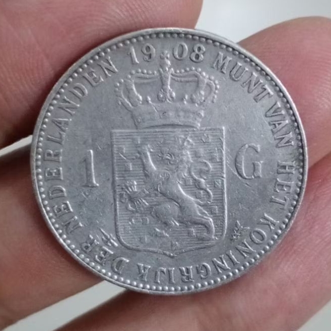 koin perak 1 Gulden Wilhelmina Mahkota thn 1908