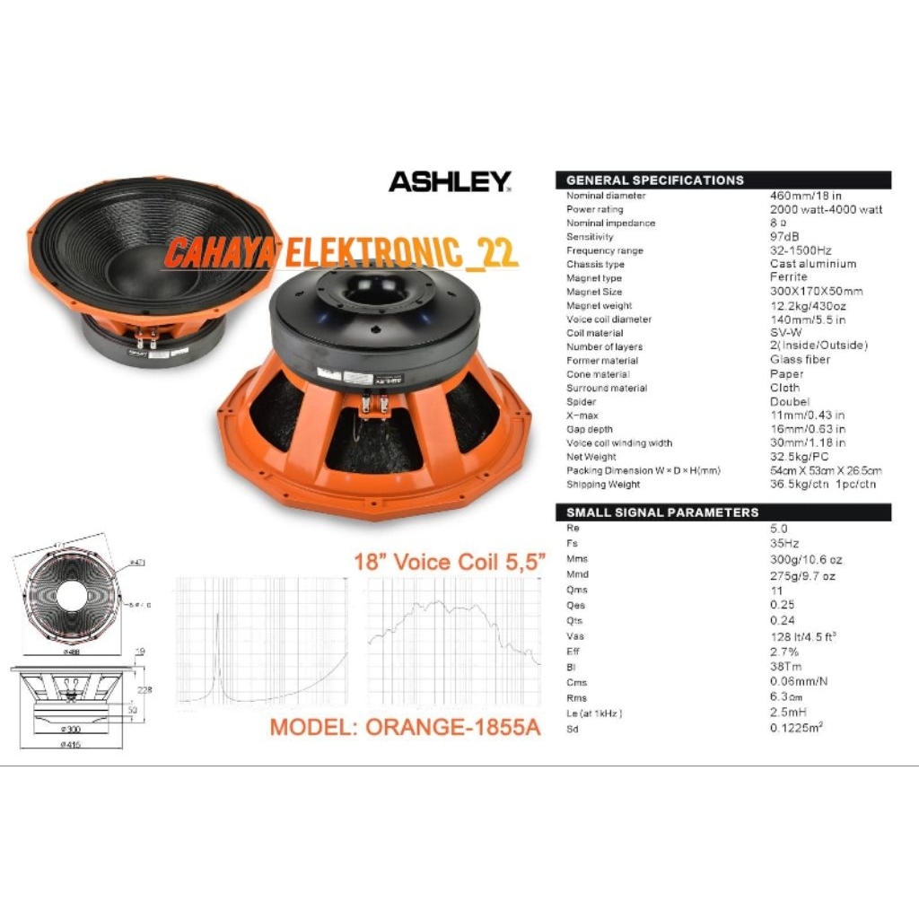 Component Speaker Ashley  Orange 1855A Speaker 18inch Voice Coil 5'5 Inch Ashley Original