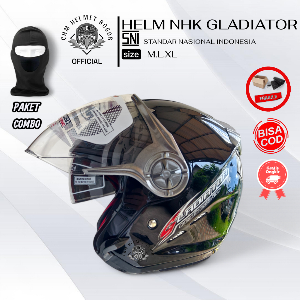HELM NHK GLADIATOR HITAM GLOSSY | HALF FACE DOUBLE VISOR