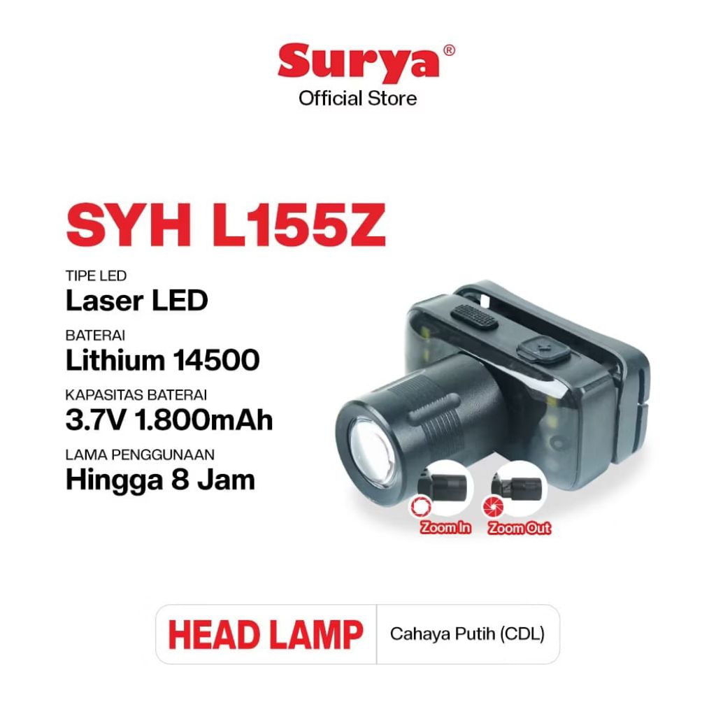 Surya SYH L155Z 15 Watt Lampu Senter Kepala Headlamp LED Rechargeable | Cahaya Putih / Cool Daylight