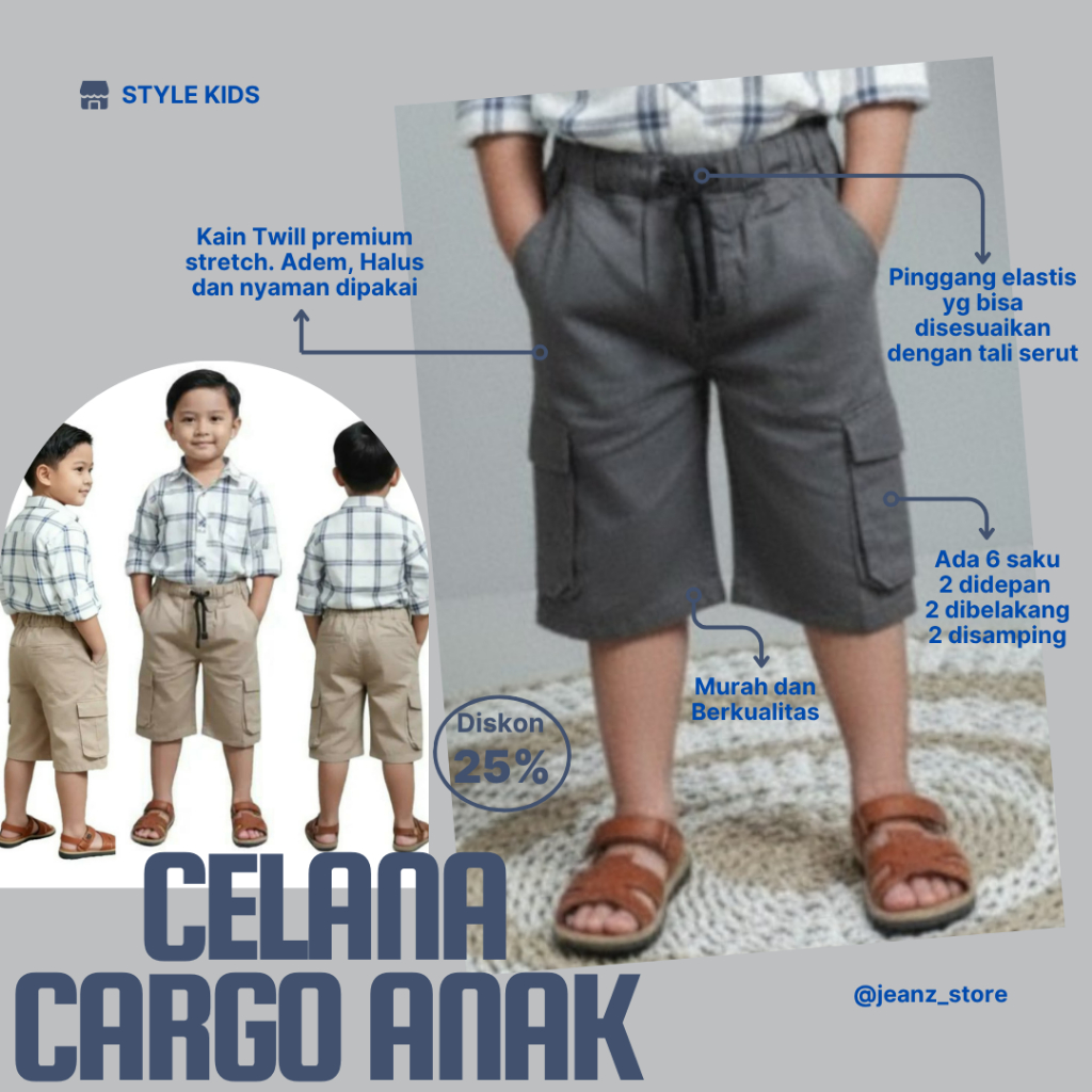 Celana pendek cargo anak laki-laki tanggung 2-15 tahun