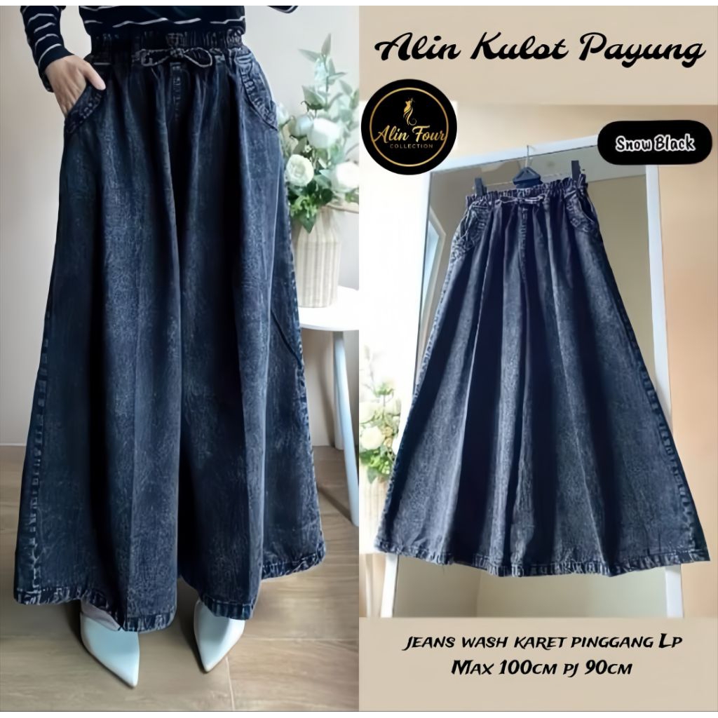 Alin kulot payung, Kulot payung, Kulot Jeans, Pinggang Full Karet, Motif Kekinian, Jeans Payung, Har