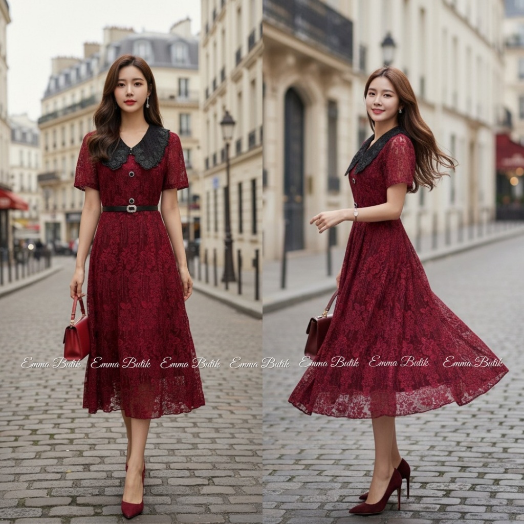 Emma.Butik E00545 Long Sleeves Gown Princess Mewah Elegan Party Dress Formal Lace Bordir Wanita