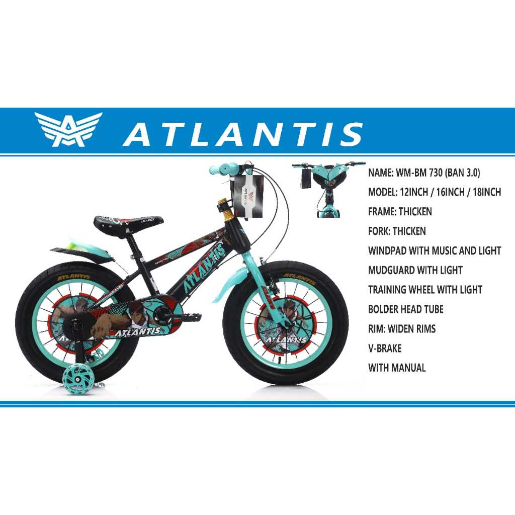 ATLANTIS Sepeda anak ukuran 12 inch 16 inch 18 inch - Tameng Musik - Roda Samping / Usia 3-8 Tahun /
