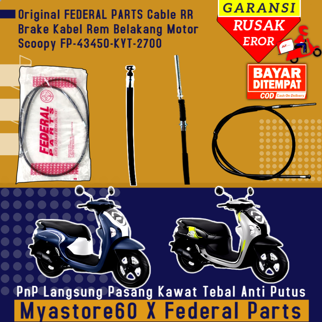ORIGINAL FEDERAL PARTS Comp RR Brake Kabel Rem Belakang Sepeda Motor Scoopy FP-43450-KYT-2700