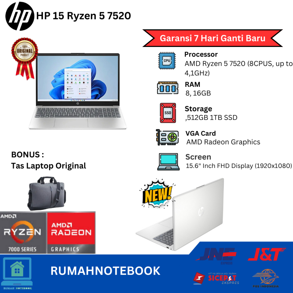 Laptop baru Hp 15 AMD Ryzen 5 7520U 8CPU up to 4.3Ghz