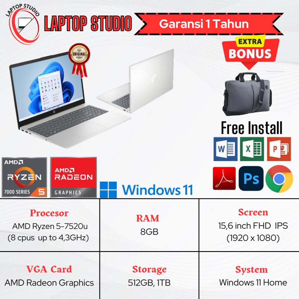 Laptop Baru HP 15 Amd Ryzen 5 7520u (8cpus, up to 4.3GHz) SSD Silver