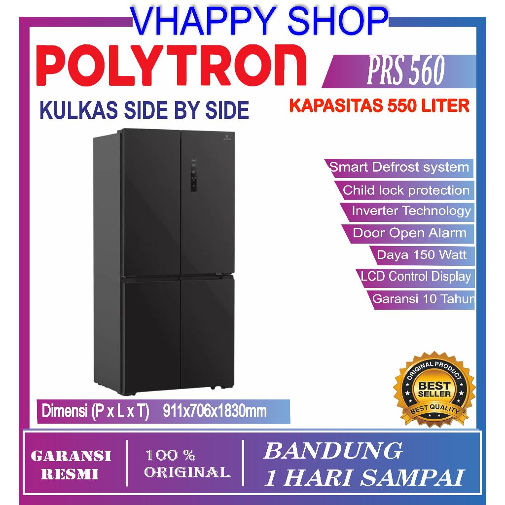 Polytron 550 Ltr Kulkas 4 Pintu Side By Side Prs 560 Garansi Resmi