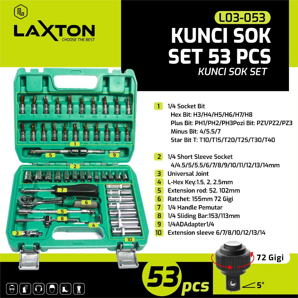 Laxton L03-053 Kunci Sok Set 53 Pcs Kunci Sok Multifungsi Ratchet Socket Tool Kit