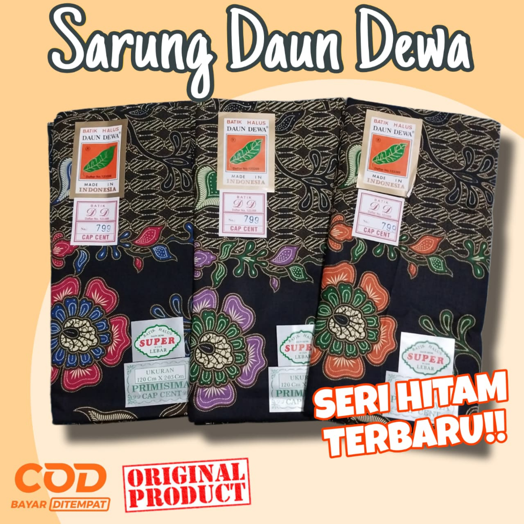 Kain Sarung Wanita Batik Daun Dewa Katun Premium Lebar 120 x 203 Edisi Terbaru Khusus Hitam