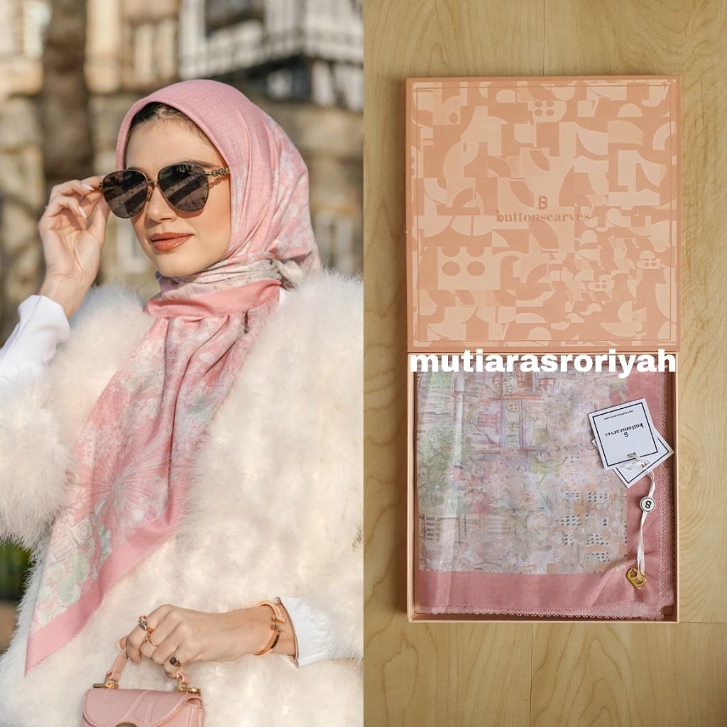 READY STOCK Buttonscarves British Scarf Rose Pink Peach Square Voal Voile As Is New with Box BS Modi
