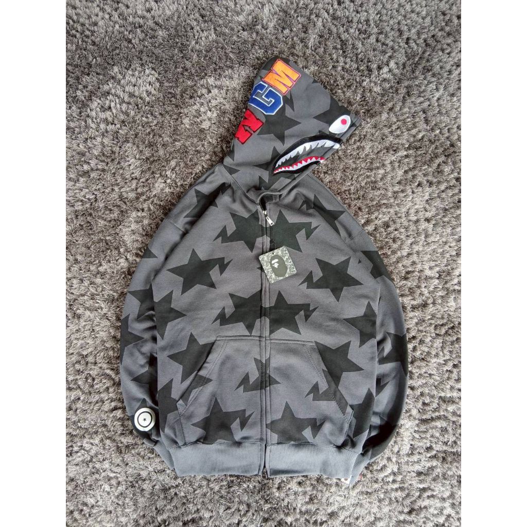 Hoodie Zipper Bape Shark Bintang Grey/Abu Terlaris Terbaru Hoodie Pria Wanita