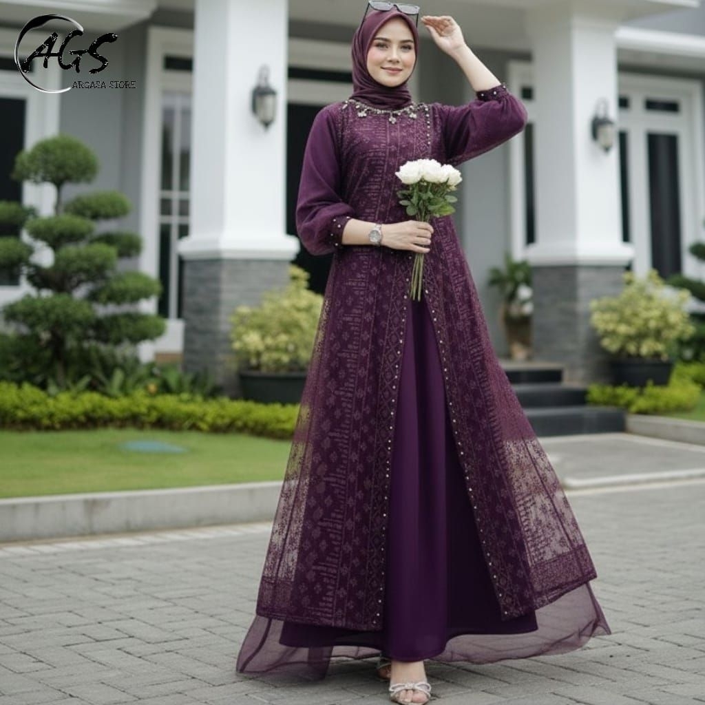 KAYLA DRESS Gamis pesta Brukat terbaru kekinian mewah Elegant mix tile Payet mutiara