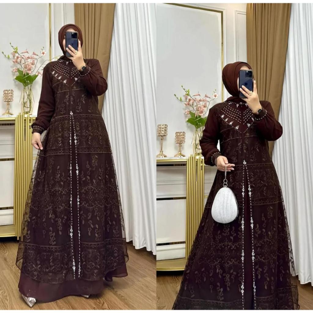 Aqila Dress Gamis Brukat Full Gaun Wanita Pesta Mewah Elegant Material Ceruty Baby Doll Premium