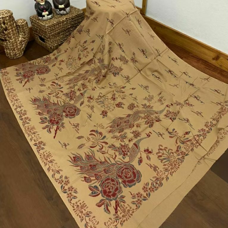 (ORIGINAL) KAIN BATIK SOLO BURUNG MERAK MERAH BIRU DASAR COKLAT