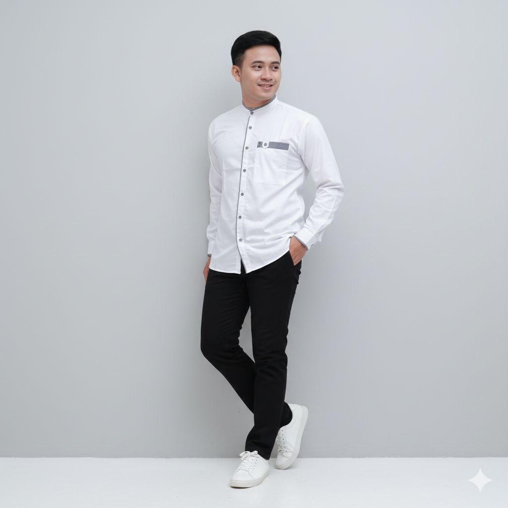 Baju Koko pria Dewasa Atasan Muslim Pria Dewasa Lengan Panjang Polos Putih - Kemko List Series