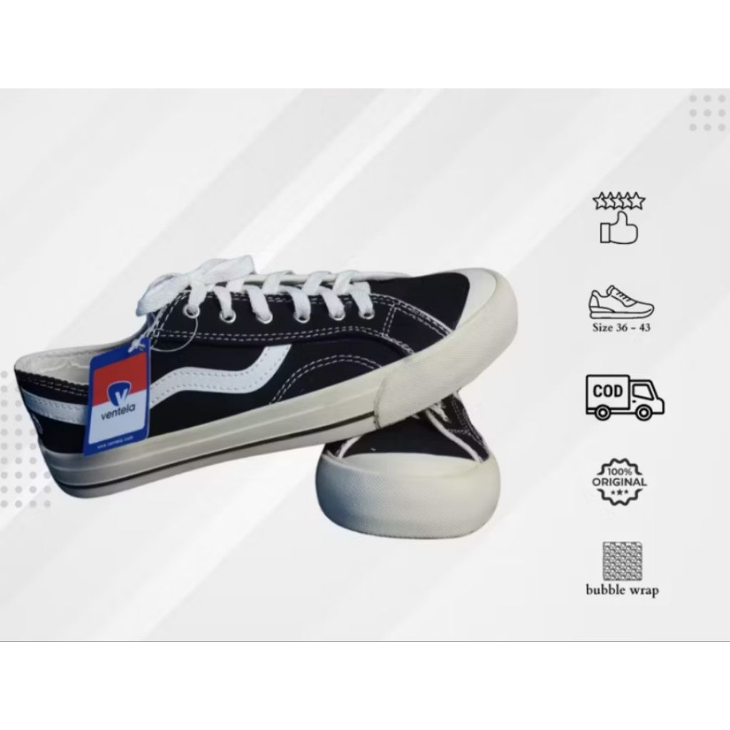 Sepatu Ventela Hitam Putih | Sneakers Casual Ventela Pria dan Wanita | Sepatu Sekolah Trendi Kekinia