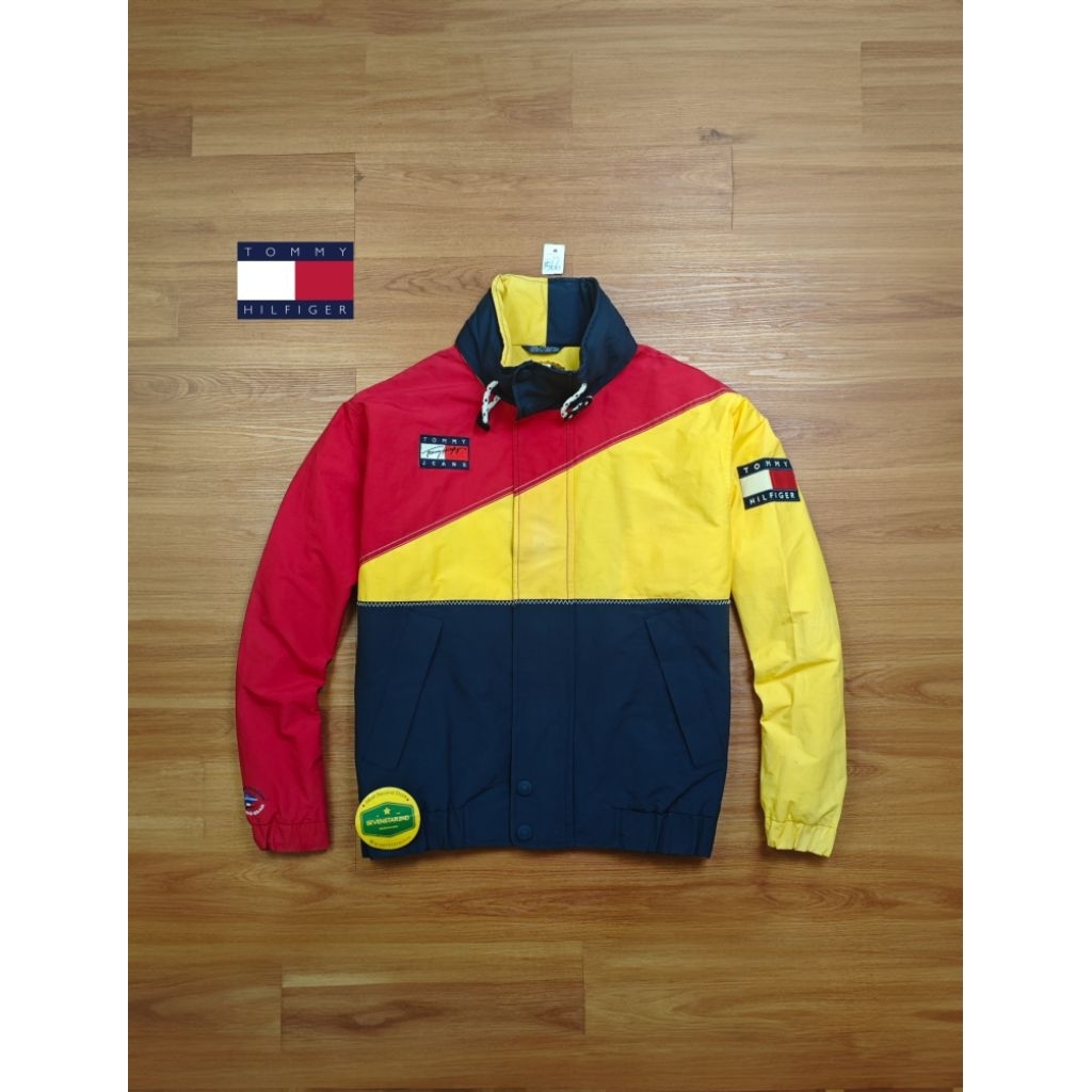 Vintage tommy casual color block big logo hidden hoodie jacket