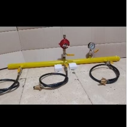Header 3 titik tabung 50kg + Regulator gas  Rego 597fb + dobel nepel 1/4"X1/2"