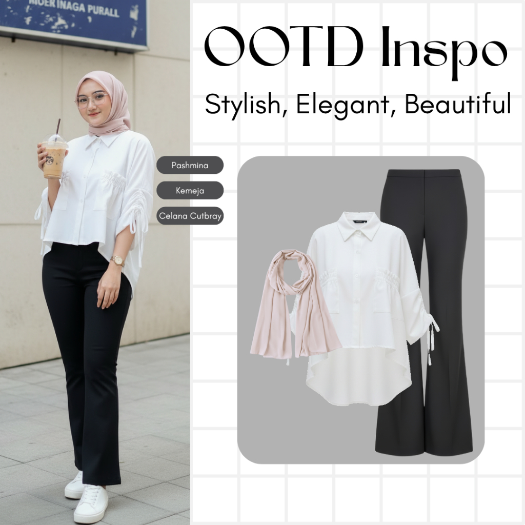setelan baju wanita kekinian (  Kemeja Crop Serut, Celana Cutbray, Pashmina ) outfit hijab, ootd