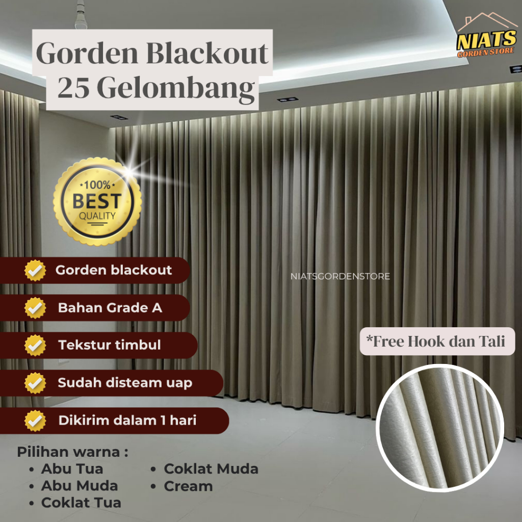 Gorden Blackout 25 Gelombang Hordeng Polos Minimalis Elegan Ruang Tamu