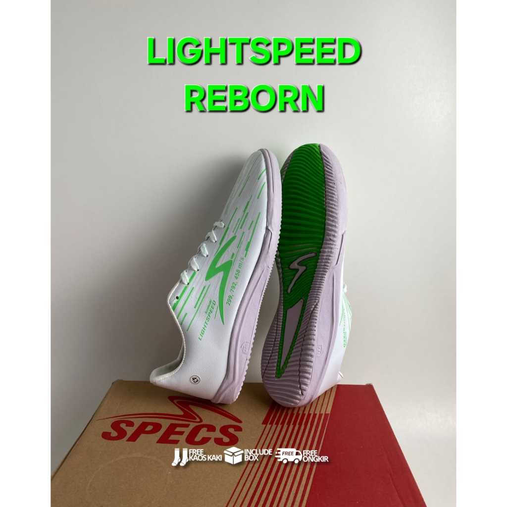 SEPATU FUTSAL ANAK SPECS LIGHT SPEED REBORN PUTIH HIJAU TERLARIS. SPECS LS REBORN IN WHITE GREEN
