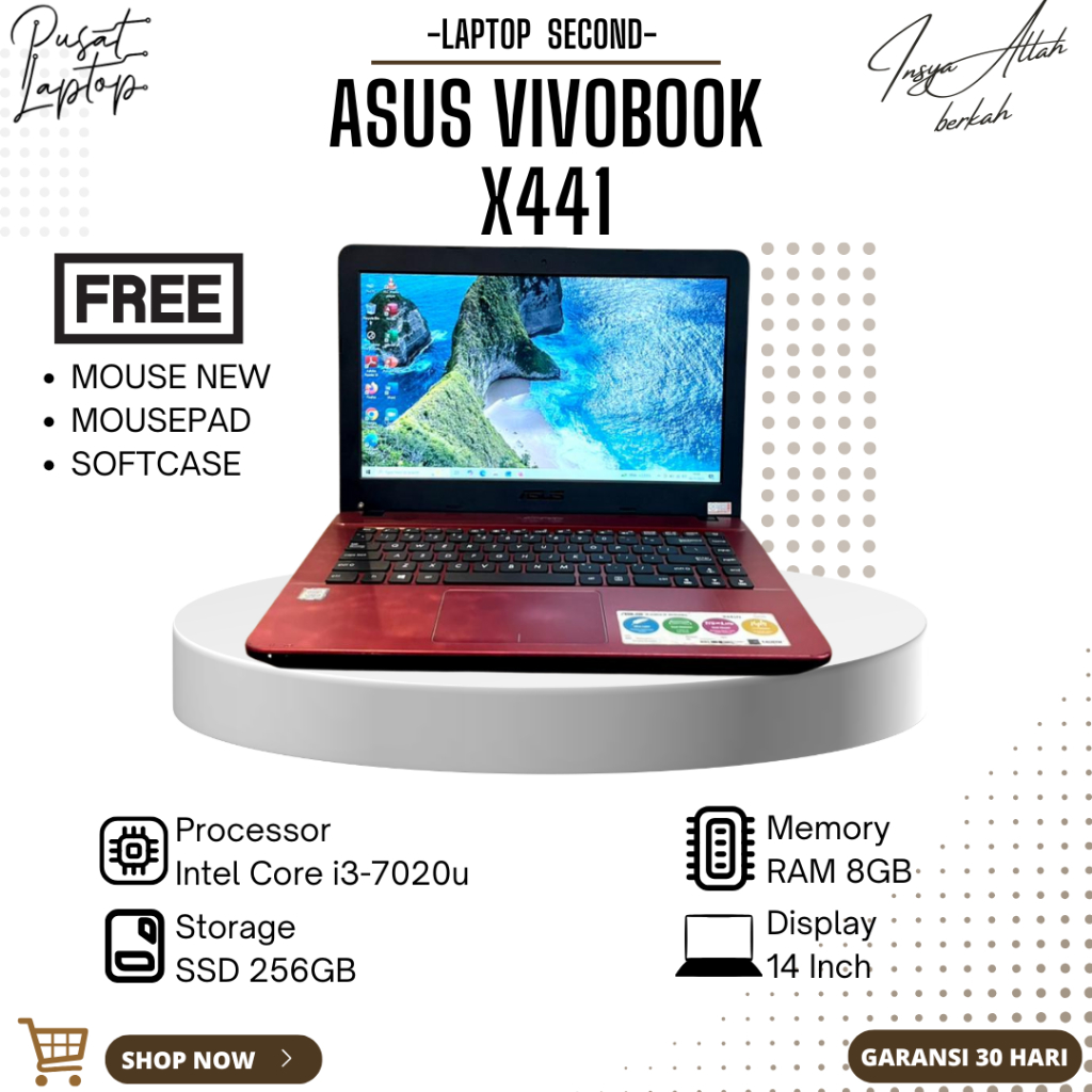 LAPTOP ASUS VIVOBOOK X441 SECOND | INTEL CORE I3-7020U | RAM 8GB | SSD 256GB | NORMAL | BERGARANSI