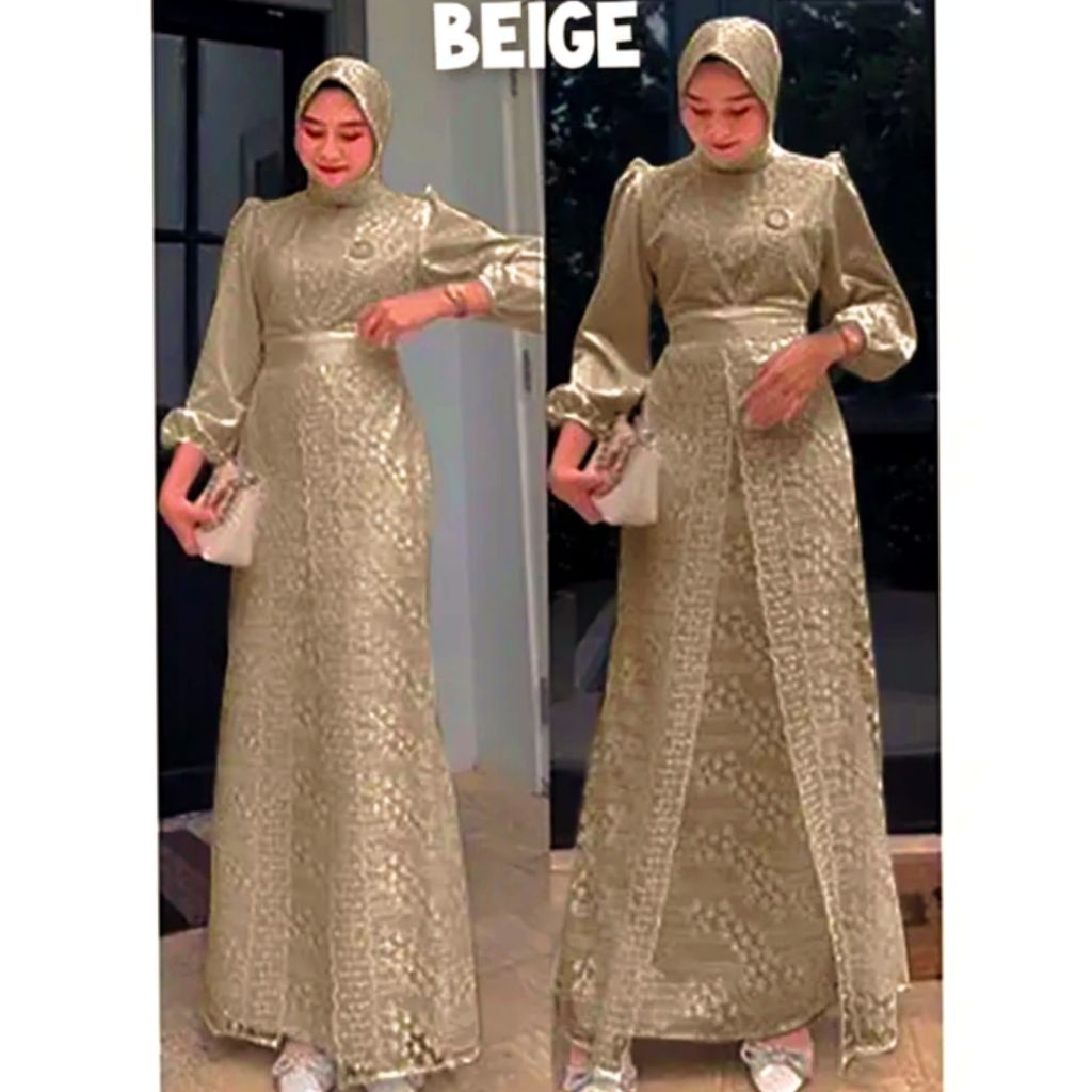 Gamis Full Brukat Tile M/L/XL/XXL/XXXL Dress Pesta Kondangan Party Polos Bunga Putih Hitam