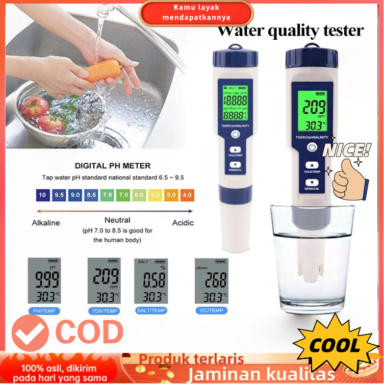 (COD/Gratis Ongkir) Asli asli 5 In 1 PH Meter Water Quality Tester PH/EC/TDS/Salinity/TEMP Digital W