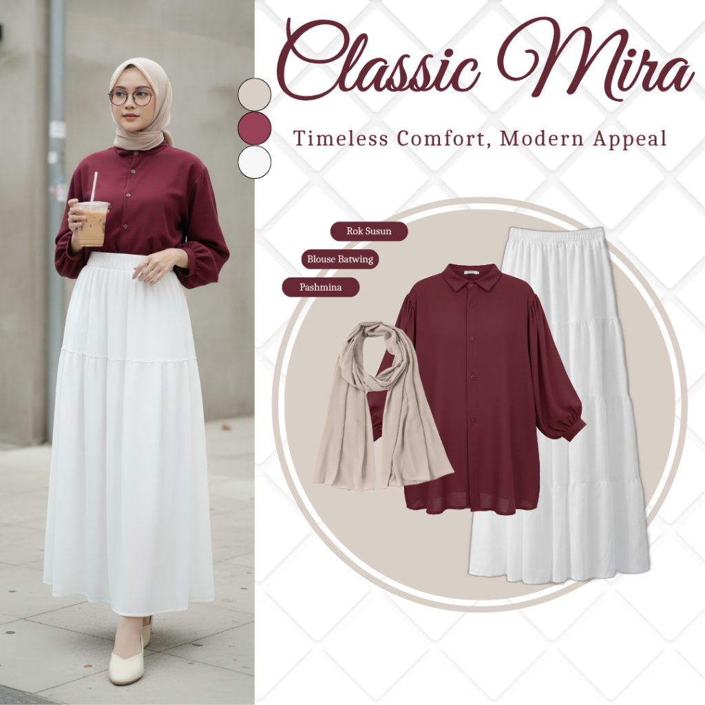 setelan outfit wanita ( Blouse Batwing, Rok Susun, Pashmina ) baju lebaran 2026 wanita remaja, ootd